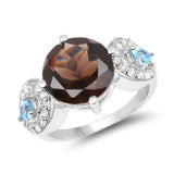 5.21 Carat Genuine Smoky Quartz, Blue Topaz and White Topaz .925 Sterling Silver Ring
