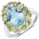 5.20 Carat Genuine Blue Topaz and Peridot .925 Sterling Silver Ring