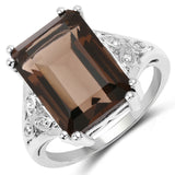 7.14 Carat Genuine Smoky Quartz and White Topaz .925 Sterling Silver Ring