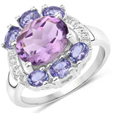 3.17 Carat Genuine Amethyst and Tanzanite .925 Sterling Silver Ring