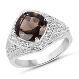 3.02 Carat Genuine Smoky Quartz and White Topaz .925 Sterling Silver Ring