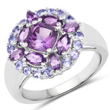 2.19 Carat Genuine Amethyst and Tanzanite .925 Sterling Silver Ring