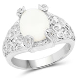 14K White Gold Plated 1.72 Carat Genuine Opal and White Topaz .925 Sterling Silver Ring