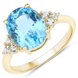 4.24 Carat Genuine Swiss Blue Topaz and White Topaz 10K Yellow Gold Ring