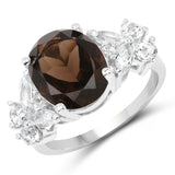 5.85 Carat Genuine Smoky Quartz and White Topaz .925 Sterling Silver Ring