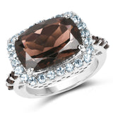 7.42 Carat Genuine Smoky Quartz and Blue Topaz .925 Sterling Silver Ring