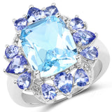 6.96 Carat Genuine Blue Topaz, Tanzanite & White Topaz .925 Sterling Silver Ring