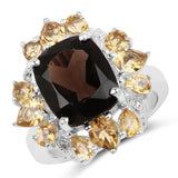 7.26 Carat Genuine Smoky Quartz, Citrine and White Topaz .925 Sterling Silver Ring