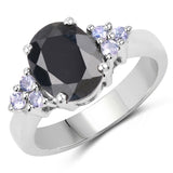 3.46 Carat Genuine Black Sapphire and Tanzanite .925 Sterling Silver Ring