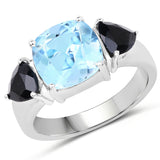 6.00 Carat Genuine Blue Topaz and Black Sapphire .925 Sterling Silver Ring