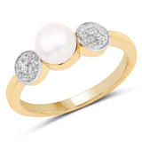 14K Yellow Gold Plated 1.24 Carat Genuine Pearl and White Cubic Zirconia .925 Sterling Silver Ring