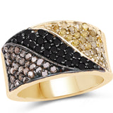 14K Yellow Gold Plate 1.25 Carat Genuine Black Champagne Diamond & Yellow Diamond .925 Silver Ring