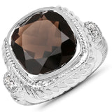 7.15 Carat Genuine Smoky Quartz and White Topaz .925 Sterling Silver Ring