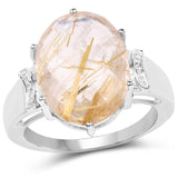 9.42 Carat Genuine Golden Rutile and White Topaz .925 Sterling Silver Ring