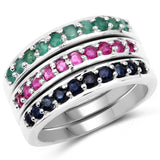1.15 Carat Genuine Emerald, Ruby & Blue Sapphire .925 Sterling Silver Ring