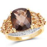 14K Yellow Gold Plated 5.44 Carat Genuine Smoky Quartz and Citrine Brass Ring