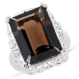 14.17 Carat Genuine Smoky Quartz & Blue Topaz .925 Sterling Silver Ring