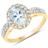 14K Yellow Gold Plated 1.46 Carat Genuine Aquamarine & White Topaz .925 Sterling Silver Ring