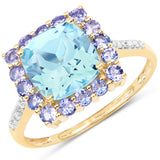 3.23 Carat Genuine Swiss Blue Topaz, Tanzanite and White Diamond 10K Yellow Gold Ring