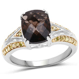 2.44 Carat Genuine Smoky Quartz, Yellow Diamond & White Diamond .925 Sterling Silver Ring