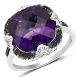 6.12 Carat Genuine Amethyst, Black Diamond & White Diamond .925 Sterling Silver Ring