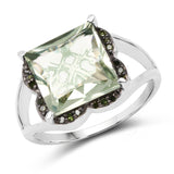 4.63 Carat Genuine Green Amethyst & Green Diamond .925 Sterling Silver Ring