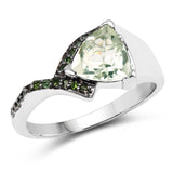 1.64 Carat Genuine Green Amethyst & Green Diamond .925 Sterling Silver Ring