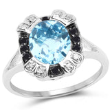 3.52 Carat Genuine Baby Swiss Blue Topaz, Black Diamond and White Diamond .925 Sterling Silver Ring