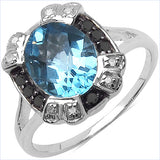 3.53 Carat Genuine Blue Topaz, Black Diamond & White Diamond .925 Sterling Silver Ring