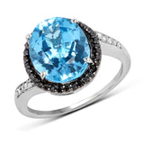 5.48 Carat Genuine Swiss Blue Topaz, Black Diamond & White Diamond .925 Sterling Silver Ring
