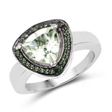 1.66 Carat Genuine Green Amethyst and Green Diamond .925 Sterling Silver Ring