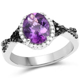 1.64 Carat Genuine Amethyst, Black Diamond & White Diamond .925 Sterling Silver Ring