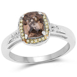 1.36 Carat Genuine Smoky Quartz and Yellow Diamond .925 Sterling Silver Ring