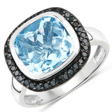 5.23 Carat Genuine Swiss Blue Topaz and Black Diamond .925 Sterling Silver Ring