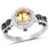 1.06 Carat Genuine Citrine, Champagne Diamond & White Diamond .925 Sterling Silver Ring