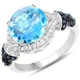 4.94 Carat Genuine Swiss Blue Topaz, Blue Diamond and White Diamond .925 Sterling Silver Ring