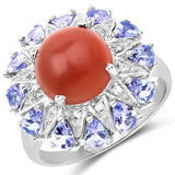 5.74 Carat Genuine Peach Moonstone, Tanzanite and White Topaz .925 Sterling Silver Ring