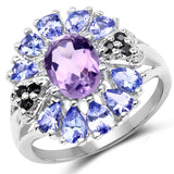 2.67 Carat Genuine Amethyst, Tanzanite & Black Spinel .925 Sterling Silver Ring