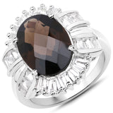 7.26 Carat Genuine Smoky Quartz and White Topaz .925 Sterling Silver Ring