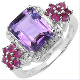 3.37 Carat Genuine Amethyst, Ruby & White Topaz .925 Sterling Silver Ring