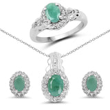 2.26 Carat Genuine Emerald & White Topaz .925 Silver 3 Pc Jewelry Set (Ring Earring & Pendant Chain)