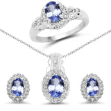 2.46 Carat Genuine Tanzanite & White Topaz .925 Silver 3 Pc Jewelry Set Ring Earring & Pendant Chain