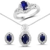 2.94 Carat Genuine Blue Sapphire White Topaz .925 Silver 3 Pc Jewelry Set Ring Earring Pendant Chain