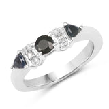 0.70 Carat Genuine Black Sapphire and White Diamond .925 Sterling Silver Ring