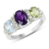 2.52 Carat Genuine Amethyst, Blue Topaz & Peridot .925 Sterling Silver Ring