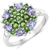 2.03 Carat Genuine Tanzanite and Chrome Diopside .925 Sterling Silver Ring