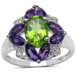 2.42 Carat Genuine Peridot, Amethyst & White Diamond .925 Sterling Silver Ring