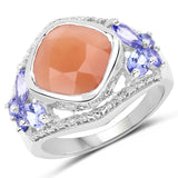 4.67 Carat Genuine Peach Moonstone and Tanzanite .925 Sterling Silver Ring