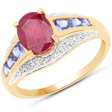 14K Yellow Gold Plated 2.02 Carat Glass Filled Ruby and Tanzanite .925 Sterling Silver Ring