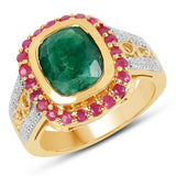 14K Yellow Gold Plated 4.80 ct.. t.w. Dyed Emerald and Ruby Ring in Sterling Silver